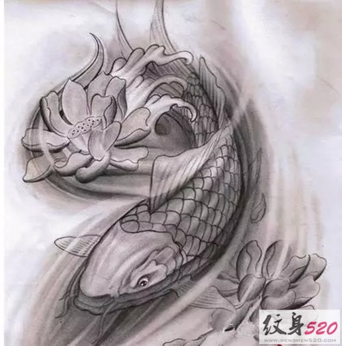 点击大图看下一张：鲤鱼莲花纹身手稿图5
