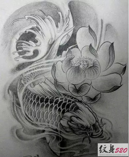 点击大图看下一张：鲤鱼莲花纹身手稿图6