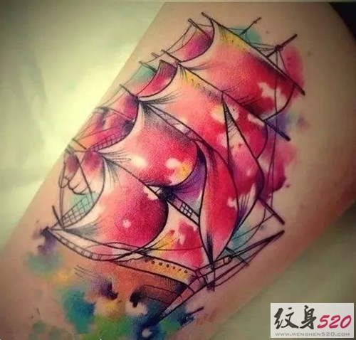 点击大图看下一张：超棒的泼墨帆船纹身图案