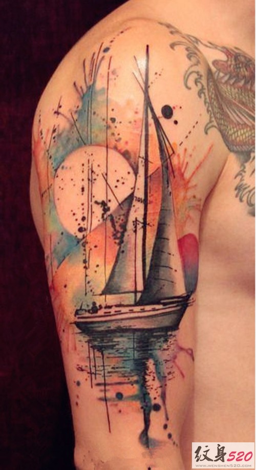 点击大图看下一张：超棒的泼墨帆船纹身图案图5