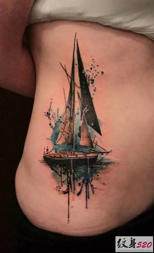 点击大图看下一张：超棒的泼墨帆船纹身图案图7