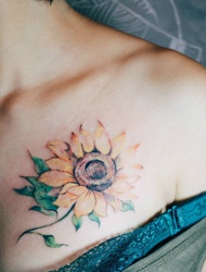 女生胸前有着唯美好看的向日葵纹身