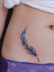 腹部上的色彩迷人小羽毛纹身图片