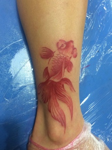 小腿一款非常漂亮的小金鱼纹身
