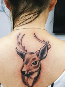 女生后背鹿头纹身图片很个性