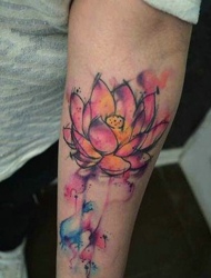 已经盛开着的彩色莲花手臂纹身