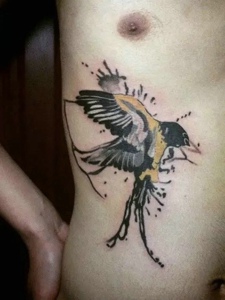 侧腰部的一只水墨小燕子纹身图片