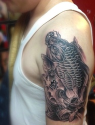 黑白鲤鱼和荷花结合的大臂刺青