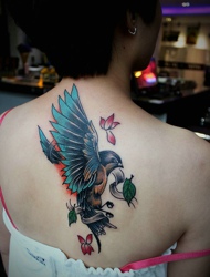 背部一款精美的彩色小燕子纹身