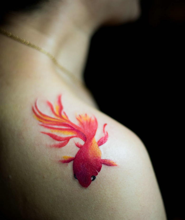 点击大图看下一张：落在肩膀上精美水灵灵的红色鲤鱼纹身(1/1)