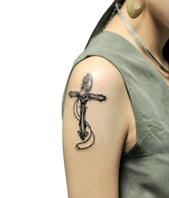 点击大图看下一张：个性的十字架骷髅头大臂刺青(1/1)