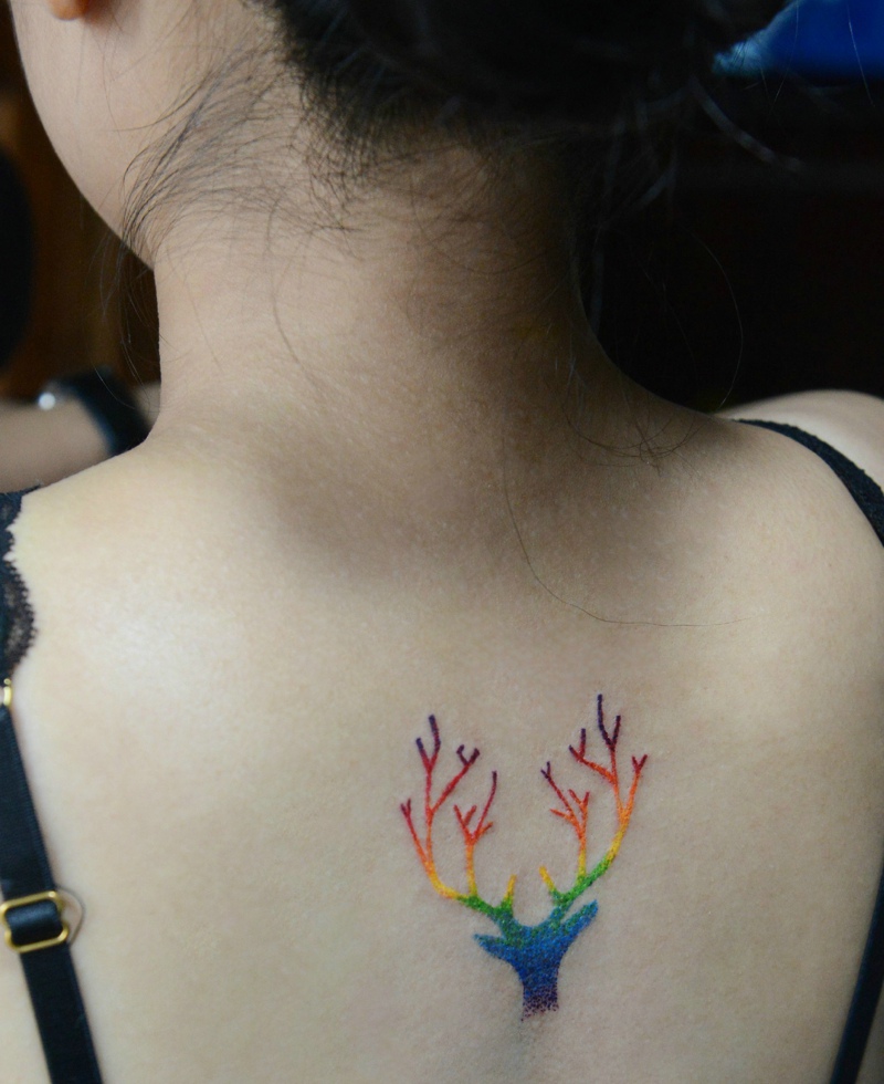 点击大图看下一张：女生白皙的后背有着创意彩色树枝纹身(1/1)