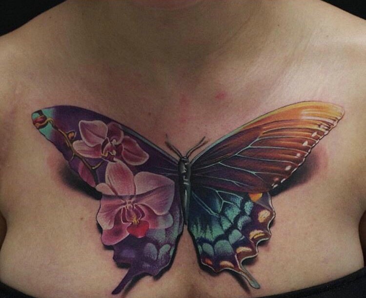 点击大图看下一张：胸前炫丽缤纷的3d蝴蝶纹身图片(1/1)