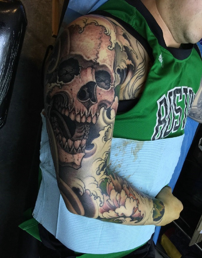 点击大图看下一张：绿色球服男士手臂黑白骷髅纹身图片(2/2)
