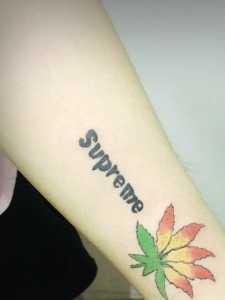 英文单词与树叶的个性手臂纹身图片