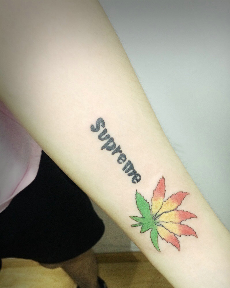 点击大图看下一张：英文单词与树叶的个性手臂纹身图片