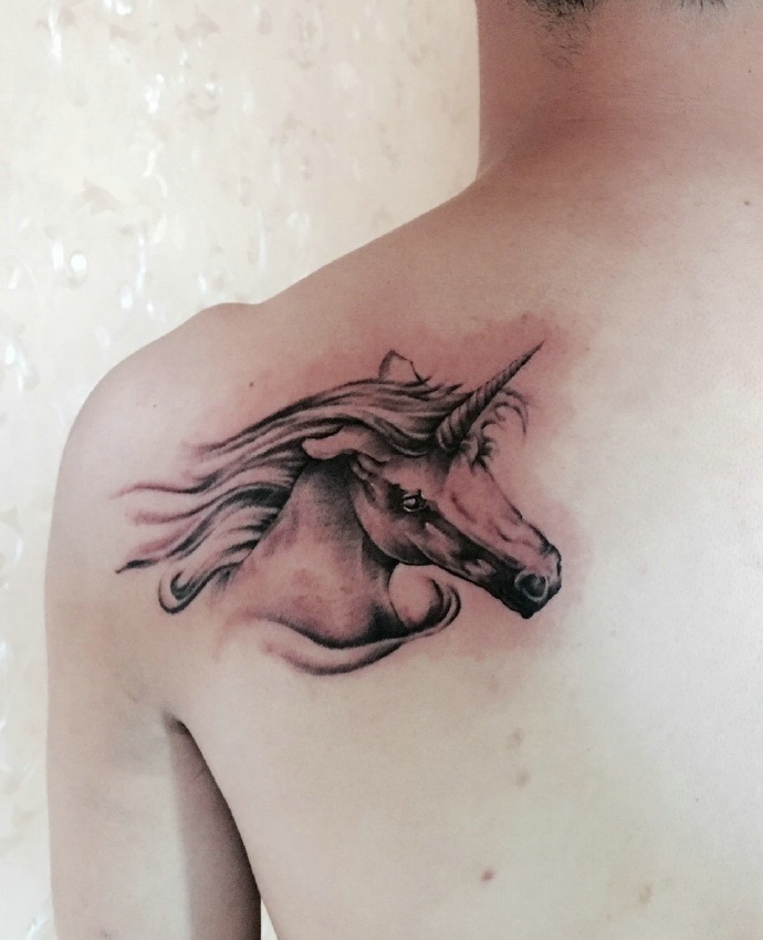 点击大图看下一张：后背一匹骏马头像纹身刺青