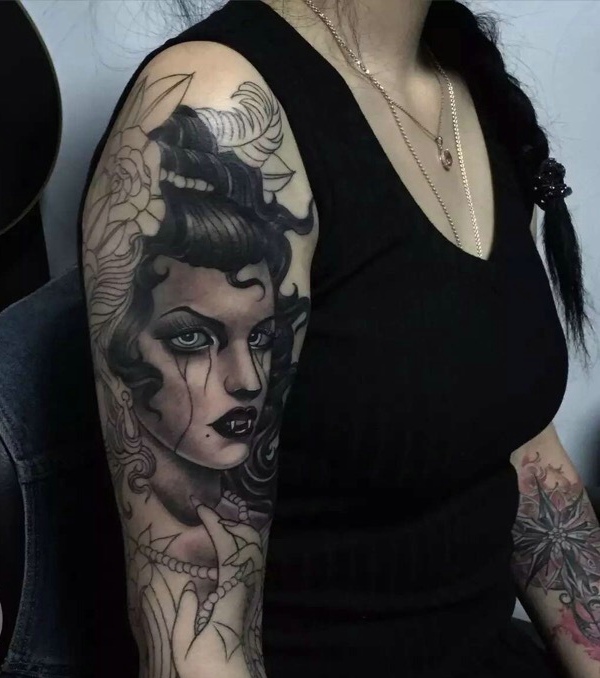 点击大图看下一张：花臂欧美女神肖像纹身图片很优雅