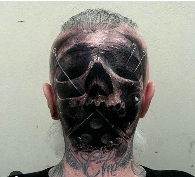 点击大图看下一张：遮盖整个头部后面的3d骷髅纹身刺秦