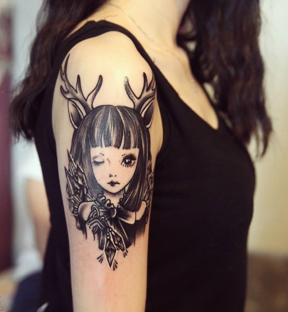 点击大图看下一张：一枚鹿少女手臂纹身刺青很精致