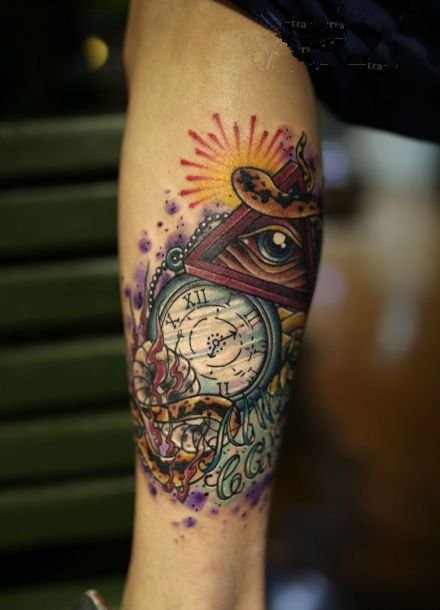点击大图看下一张:个性潮流钟表时钟图案腿部纹身