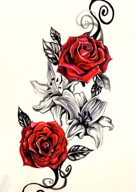 点击大图看下一张：娇艳欲滴的红玫瑰纹身手稿