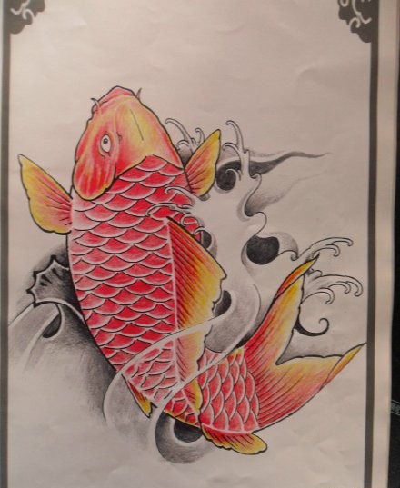 点击大图看下一张：经典传统的鲤鱼纹身手稿