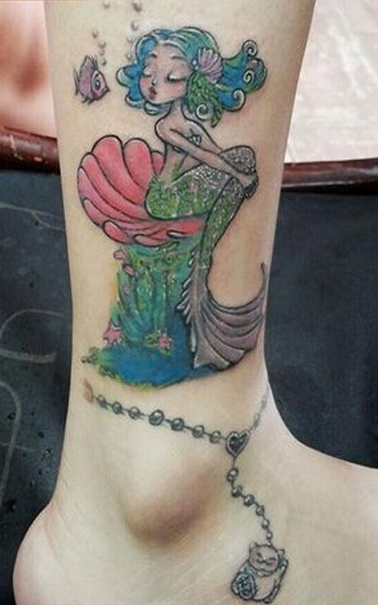 点击大图看下一张：女性脚踝美人鱼脚链纹身图案