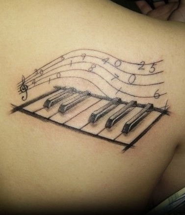 点击大图看下一张：后背上钢琴音乐符号纹身