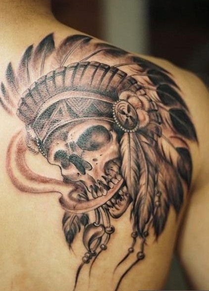 点击大图看下一张：男性背部印第安骷髅纹身图
