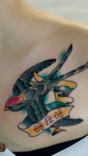 女性胸前好看的彩色燕子纹身