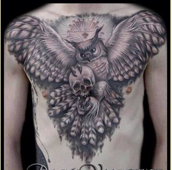点击大图看下一张：男性胸前霸气猫头鹰纹身