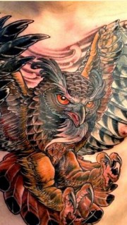 个性男胸口时尚霸气的猫头鹰纹身