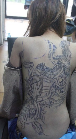 点击大图看下一张：女生满背个性的凤凰纹身