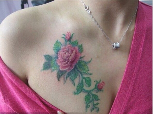 点击大图看下一张：性感女胸部看的玫瑰花纹身