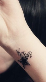 女生手臂黑白星星文字纹身