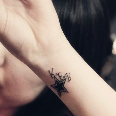点击大图看下一张：女生手臂黑白星星文字纹身