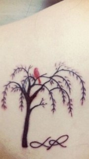 背部唯美时尚的图腾树小鸟纹身