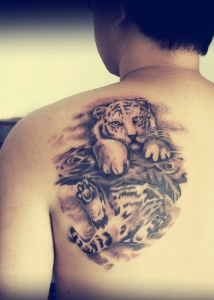 点击大图看下一张：个性男人背部可爱的小老虎纹身