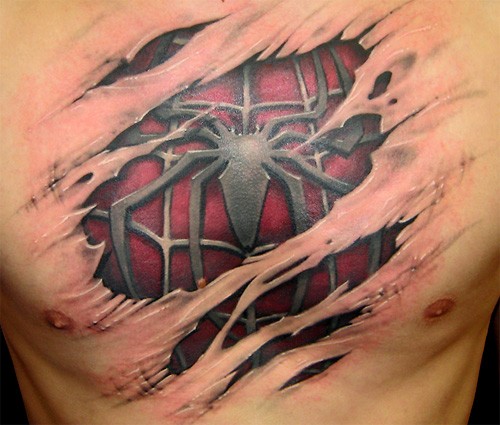 点击大图看下一张：男性胸部蜘蛛服纹身图案