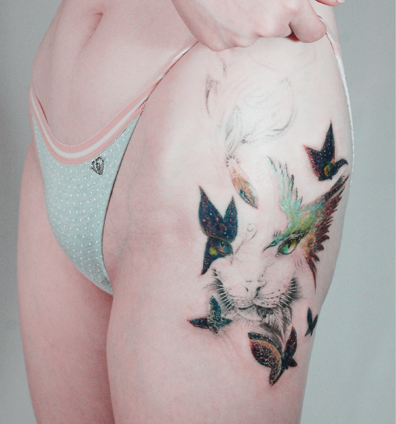 点击大图看下一张：女性个性创意蝴蝶和猫纹身