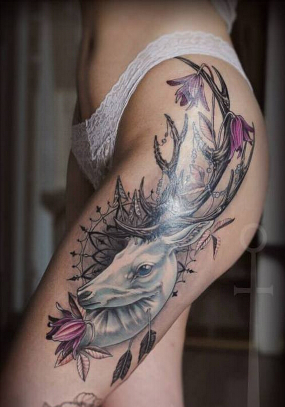 点击大图看下一张：时尚女性腿部个性羚羊纹身图案