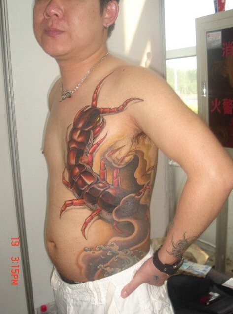点击大图看下一张：男子侧身3d蜈蚣纹身