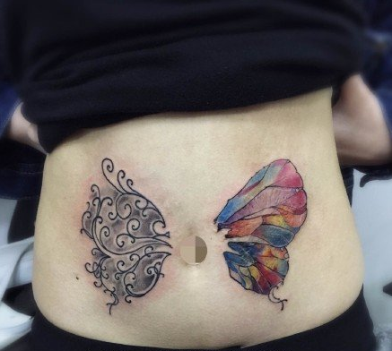 点击大图看下一张：遮妊辰纹的彩色蝴蝶纹身图案