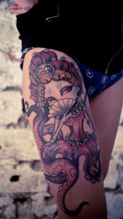 个性大腿章鱼美女纹身