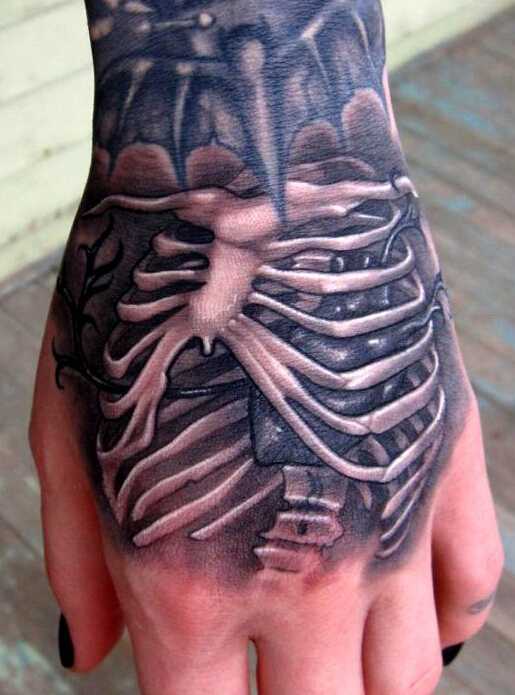 点击大图看下一张：手背上一款个性骨架纹身图案