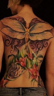 女性天使玫瑰花卉纹身