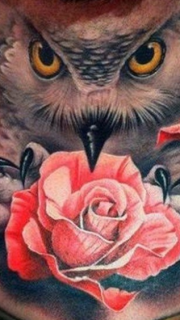 颈部猫头鹰和玫瑰纹身