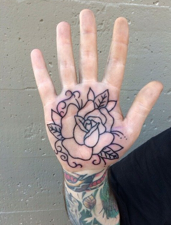 点击大图看下一张：手掌上漂亮的玫瑰花纹身图案