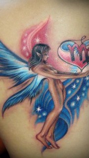 背部彩色天使精灵翅膀纹身图案